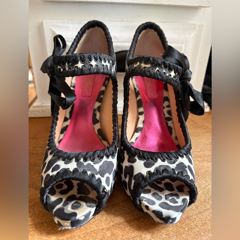 Betsey Johnson Vintage Satin Black and White Leopard Peep-Toe Heels with Bow